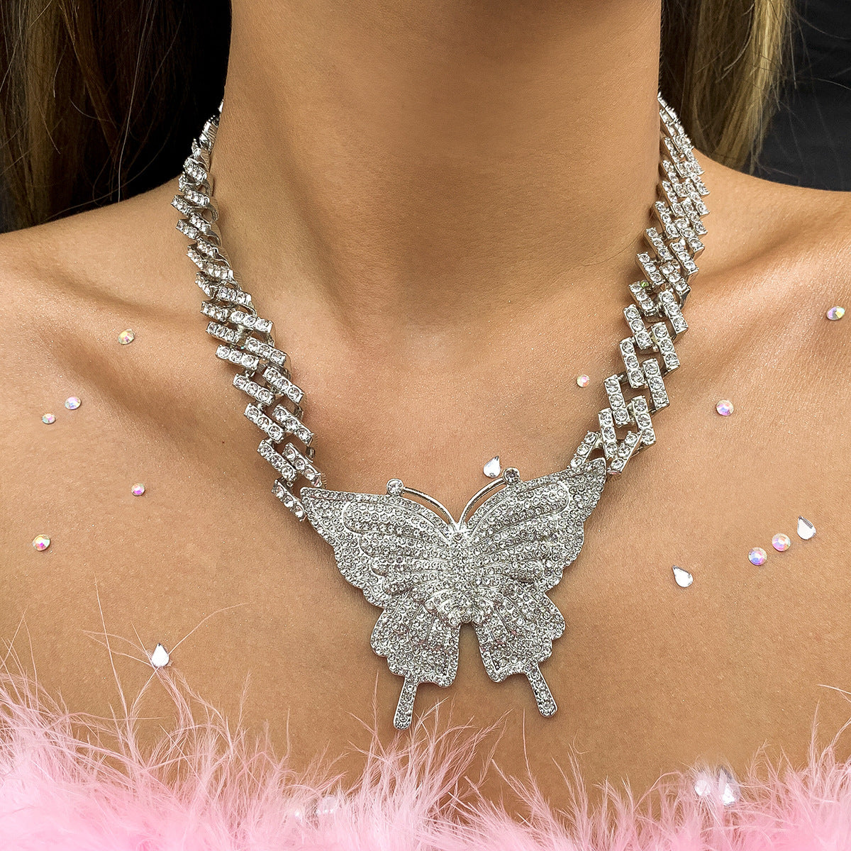 Rhinestone Butterfly Pendant Necklace Set - B' Jeweled Jewelry & Accessories
